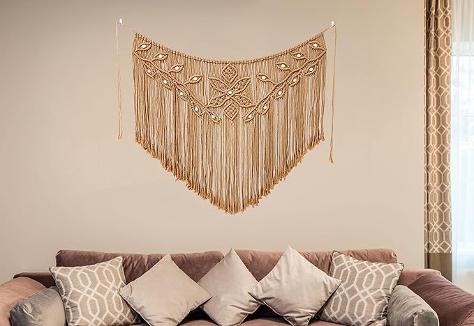Youngeast Home Decor Leaf Shape Macrame Wall Hanging Woven Tapestry Bedroom Curtain Fringe Garland Banner Living Room Wall Decor Brown 39X31 inches