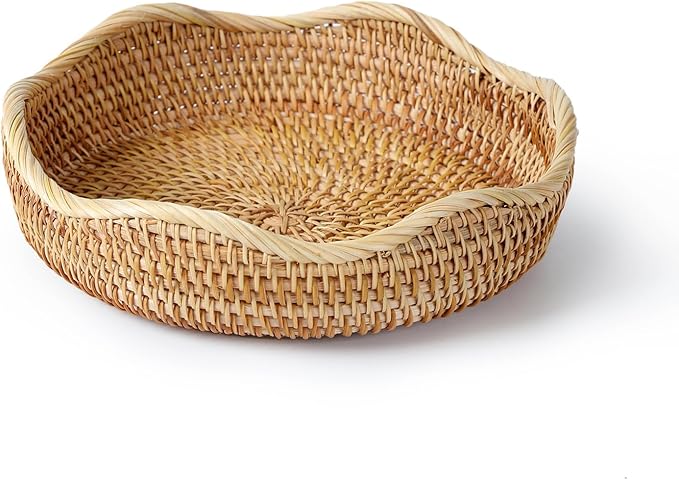 8.7” Small Basket Wicker, Rattan Serving Bowl Bowls, Small Decorative Tray, Natural Handwoven Basket, Entryway Nightstand Dining Room Kitchen Counter Table Coffee Organizing Snack Pastries Jewry