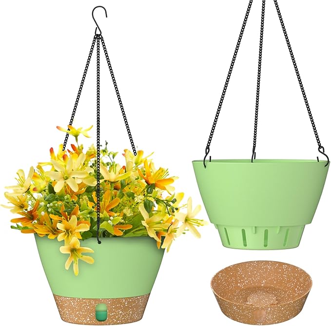 ZMTECH 2 Pack 10 Inch Hanging Planters for Indoor Plants, Modern Hanging Planter with Visible Water Level Window & Removable Tray, Green Plant Hanger Indoor for Home & Patio