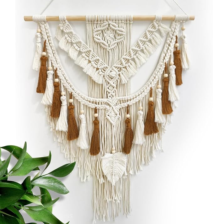lokeisna Macrame Wall Hanging, Woven Tapestry Beige & Dusty Rose Handmade Craft Macrame Wall Room Decor, Gallery & Nursery, Size 37.4” Lx27.5” W