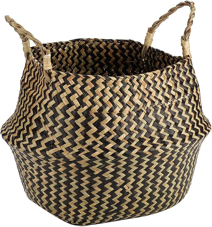 1Pc Woven Seagrass Belly Basket for Storage, Laundry, Picnic, Plant Pot Cover, and Grocery and Toy Storage (Black (Wavy Pattern))