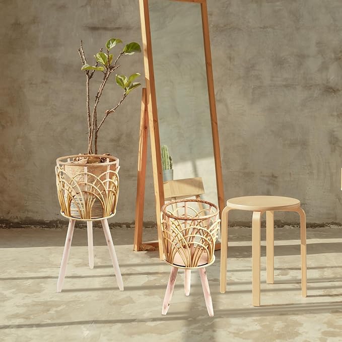 BestAlice Wicker Plant Stand, Rustic Indoor Wicker Basket Flower Pot Plant Stand Modern Minimalist Pot Holder Stands Boho Plant Stand Planters for Indoor Plant Pot with Stand Floor Decorative(S)