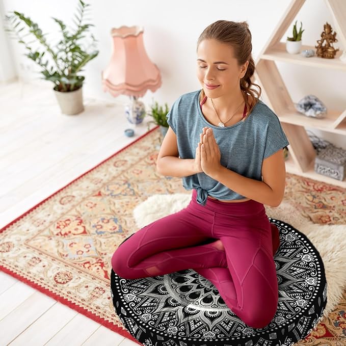 Mandala Meditation Cushion, Boho Meditation Mat, Meditation Pillows for Sitting on Floor, Cushions for Sitting in Home and Outdoor, Round Floor Pillows Cushion Seating for Yoga Accessories 22'' X 22''