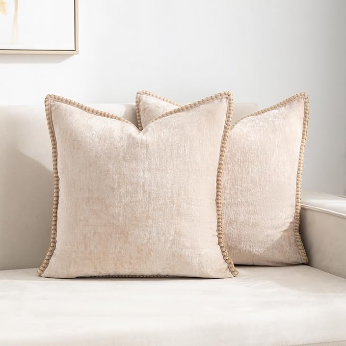 Decorative Throw Pillow Covers Pack of 2, 18x18 In Chenille Soft Pillow Covers with Stitched Edge, Farmhouse Neutral Euro Decorative Pillows for Bed Couch Sofa Home Decor Living Room,Beige