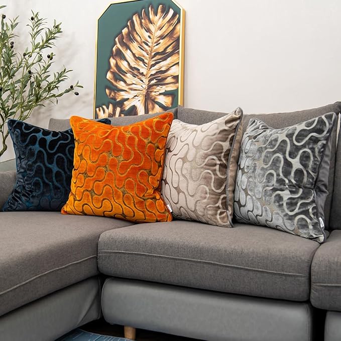 Yangest Orange Square Throw Pillow Cover Wavy Velvet Cushion Cover Modern Zippered Pillowcase for Sofa Couch Bedroom Living Room Chair, 24 x 24 Inch…