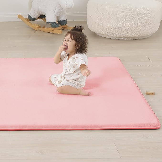 1.3" Thick Baby Floor Play Mat 79x118, Basic Padded Foam Mat for Tummy Time Gym Crawling, Non Slip Cushioned for Babies Toddlers Infants Kids (Pink)