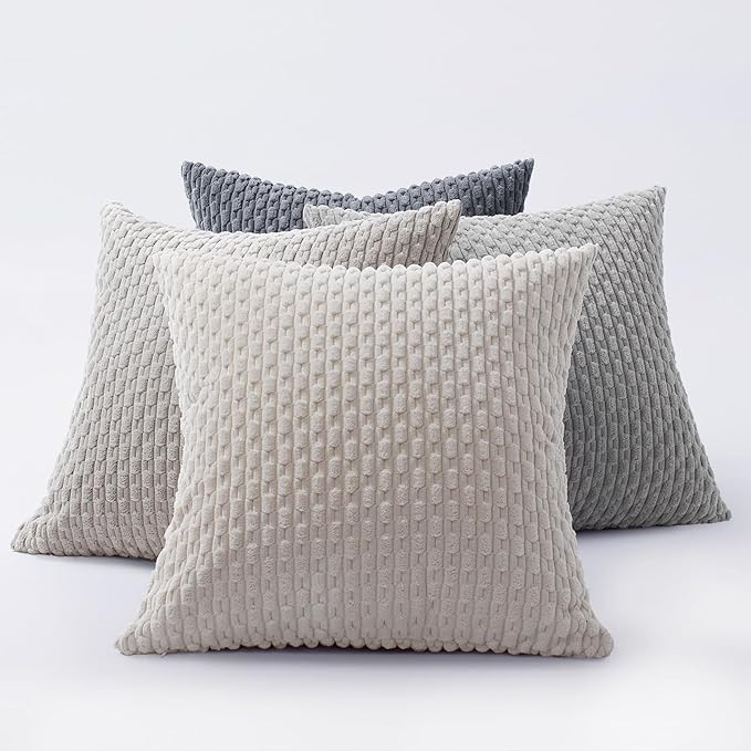 Softalker Throw Pillow Covers 20x20 Inch, Set of 4, Soft Corduroy Boho Stripe Decorative Pillow Cover, Couch Fluffy Pillow Cover for Farmhouse Home Decor Bed Living Room, Grey/Beige