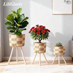 Boho Rattan Plant Stand Set of 3 – Handwoven Wicker Mid-Century Modern Floor Planter Stand for Indoor Plants, Large Farmhouse Decor, Sturdy Wood & Rope Design, Housewarming Gift