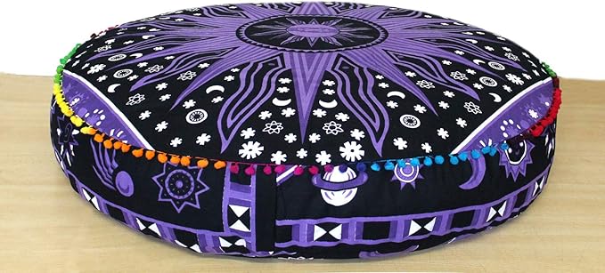 ICC Large Hippie Mandala Round Floor Pillow Cover Ottoman Pouf Cover Daybed Oversized Cotton Cushion Cover with Heavy Duty Zipper Seating Ottoman Poufs Dog-Pets Bed (Purple Burning Sun, 35" Round)