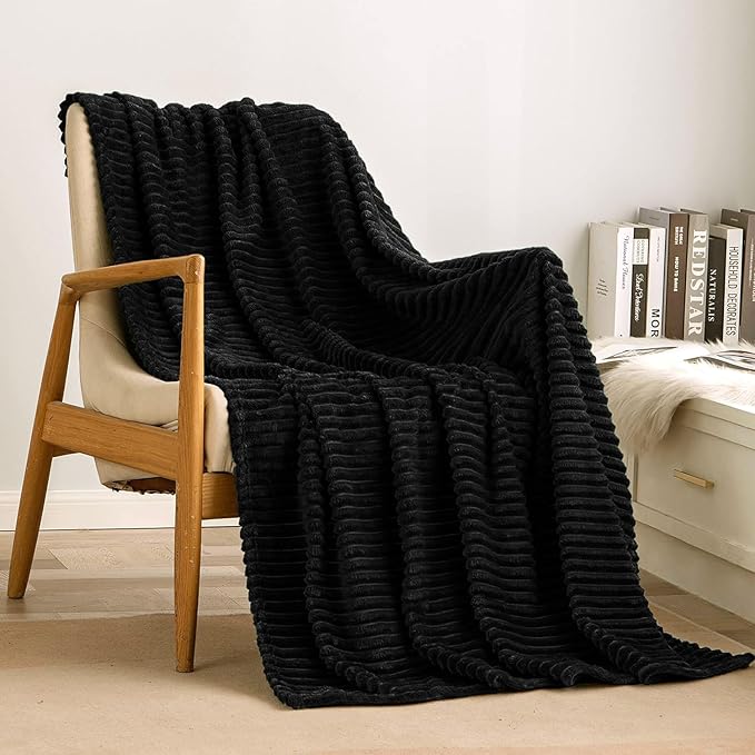 MIULEE Black Throw Blanket 3D Ribbed Jacquard Fleece Flannel Velvet Plush Decorative Bed Blanket (Throw, 50" x 60") - Super Soft, Lightweight, Warm and Cozy for Couch Sofa