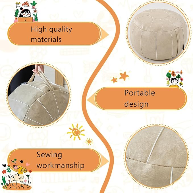Louis Donné Unstuffed Pouf Ottoman Cover, 21Inch Moroccan Handmade Faux Leather Footstool Pouffe Ottomans Cover, Round Storage Pouf Stool Exotic Home Décor for Living Room Bedroom(ONLY Cover)