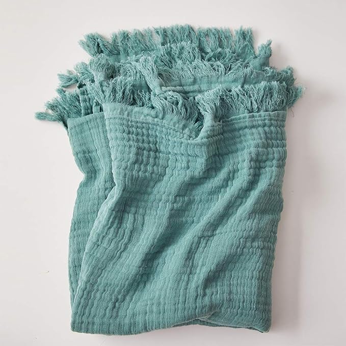 Simple&Opulence Cotton Muslin Throw Blanket for Bed, Couch, Knit Woven Gauze Blanket with Tassels, Soft Lightweight Cozy Pre-Washed Breathable Farmhouse Decoration for All-Season (Dark Green)