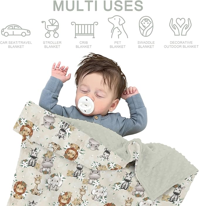 Baby Safari Retro Flowers Baby Blankets for Girl Boy Lion Elephant Giraffe Hippo Soft Mink Dotted Backing Double Layer Swaddle Blanket African Jungle Animal Bed Throw for Infant Toddler Nursery 30x40