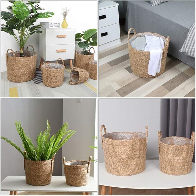 Zerodeko Flower Vase Seagrass Planter Basket Straw Plant Baskets Woven Basket Flower Plant Pot Wicker Plant Containers with Plastic Liner for Indoor Plants Laundry Room 25cm Grocery Basket