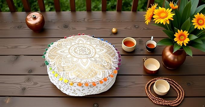INDIAN CRAFT CASTLE ICC Mandala Barmeri Large Floor Pillow Cover Cushion Meditation Seating Ottoman Throw Cover Hippie Decorative Zipped Bohemian Pouf Ottoman Cases Golden, 24" Round