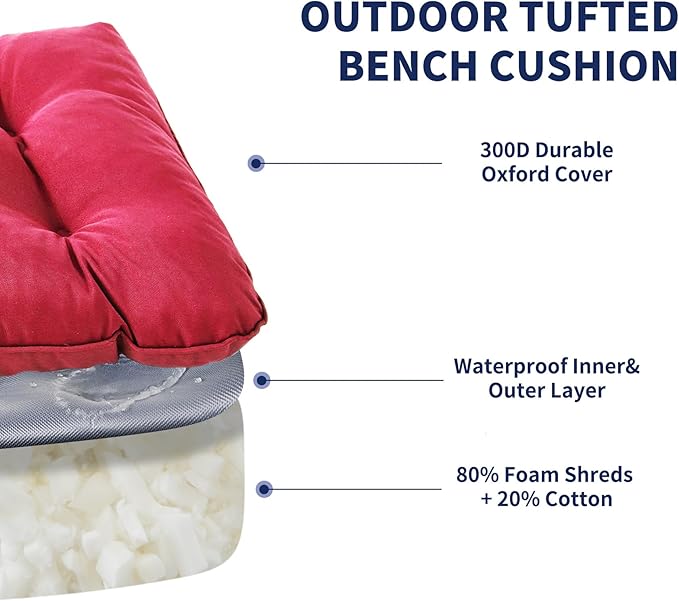Outdoor Bench Cushion, 48x18x5 Inch, Waterproof Bench Cushion for Outdoor/Indoor Furniture, Tufted Patio Bench Seat Cushion, Fade Resistant Outdoor Cushions for Porch Swing Couch, Burgundy