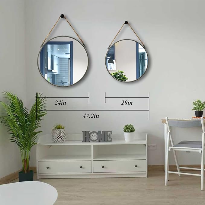 POZINO Round Hanging Mirror, Circle Wall Mirror with Rope, 20 Inch Farmhouse Mirrors for Bathroom Bedroom Living Room Entryway Home Decor, Grey