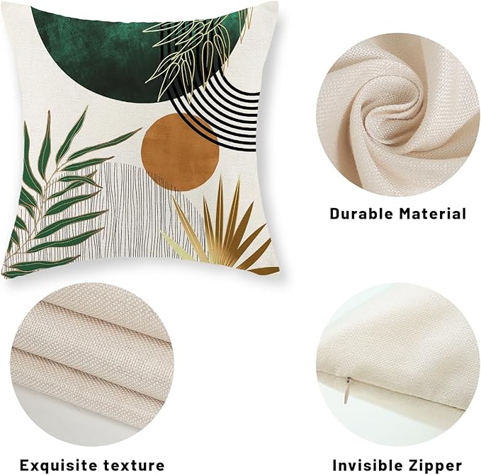 Boho Pillow Covers 18x18 Set of 2 Gold Green Throw Pillows Modern Mid Century Pillowcase Tropical Leaves Orange Sun Decorative Pillows Outdoor Decorations Bohemian Cushion Case for Sofa Home