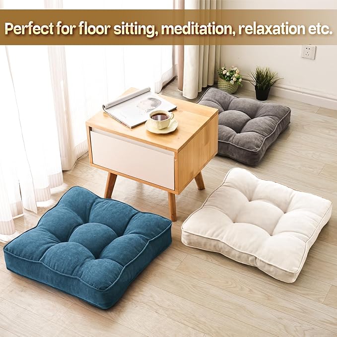 Floor Pillow Set of 2, Memory Foam Floor Cushions for Adults, Large Meditation Pillow for Sitting, 22 x 22 Inches (Square | Beige)