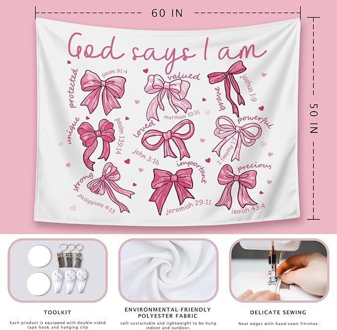 LIANGW Pink Coquette Bow Christian Tapestry, Indoor Outdoor Wall Art Tapestry for Bedroom, Inspirational Christian Tapestries for Women, Girl Room Decoration Living Room Bedroom 50x60 inches