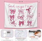 LIANGW Pink Coquette Bow Christian Tapestry, Indoor Outdoor Wall Art Tapestry for Bedroom, Inspirational Christian Tapestries for Women, Girl Room Decoration Living Room Bedroom 50x60 inches
