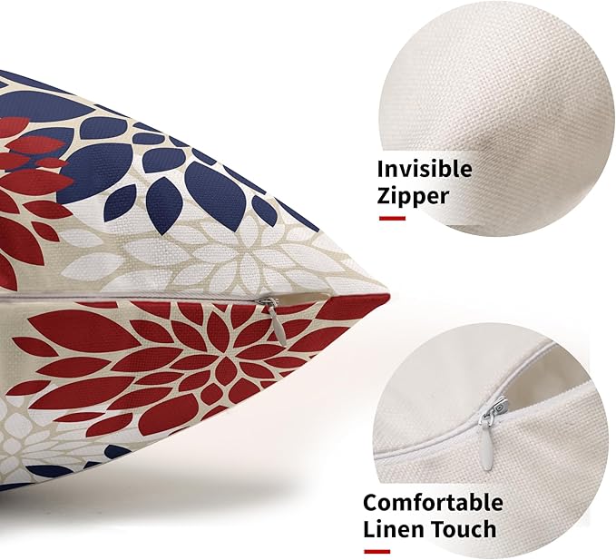 4th of July Blue Red White Pillow Covers 12X20 Inch Set of 2, Modern Geometry Dahlia Floral Print Holiday Decorative Throw Pillow Covers Outdoor Farmhouse Cushion Case for Couch Sofa Bed Decor