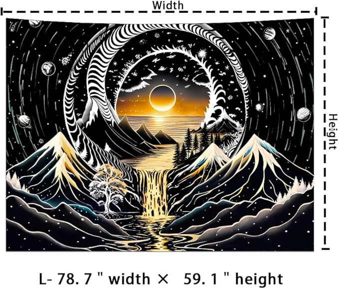 Amhokhui Black and White Tapestry Sun Mountain Tapestry Starry Night Aesthetic Tapestries Trippy River Landscape Tapestries Dark Wall Hanging Decor for Home