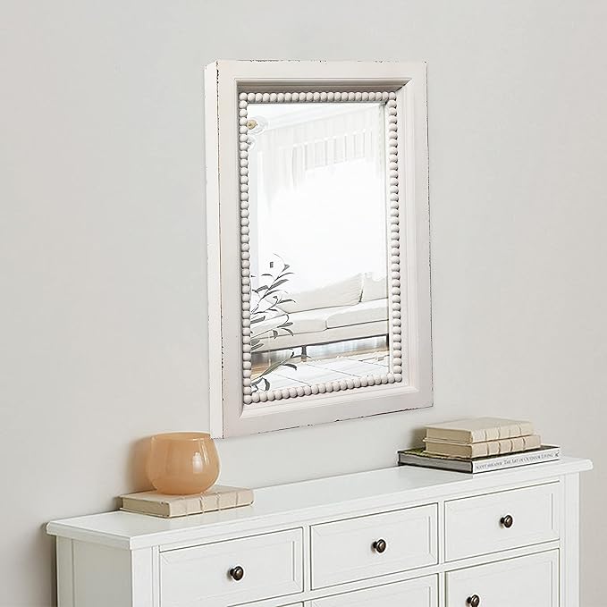 Boho White Mirrors for Wall Decor 24 x 16 Inches, Hanging Distressed Finish Wooden Frame Rectangular Rustic Mirror with Beaded Detailing for Bathroom Living Room Bedroom Entryway