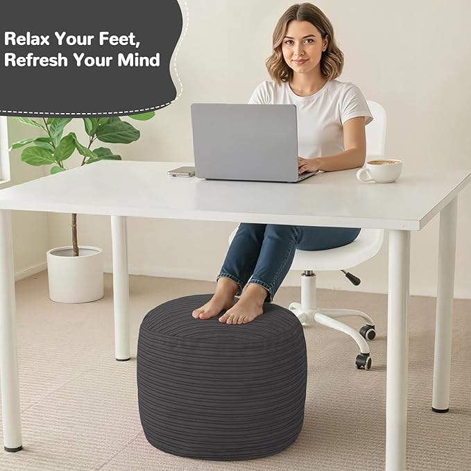 MeMoreCool Stuffed Round Pouf Ottoman Foot Rest, Soft Plush Floor Pouf Foot Stool, Corduray Footstool Footrest, Small Round Ottoman for Living Room Couch Sofa Chair, 20x15 Inch Grey