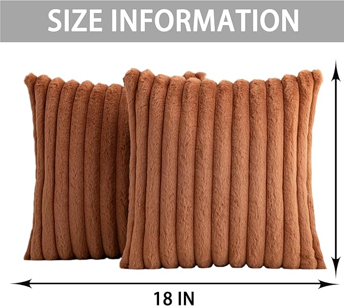 Pack of 2 Faux Fur Christmas Throw Pillow Covers 18x18 Inch, Soft Plush Striped Neutral Couch Pillow Cover, with Velvet Back Modern Home Decor for Sofa Living Room Couch Bed Dark Brown