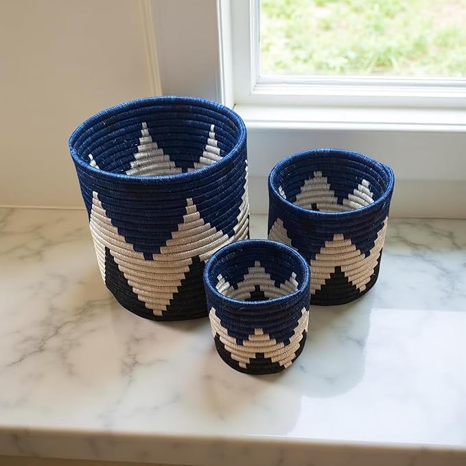 Handwoven African Planter Baskets (Set of 3) Sisal basket for Indoor Plant Pots Vase Home decor Storage Organizer Zen Designs Arts and Crafts (Geometric Blue and Black)