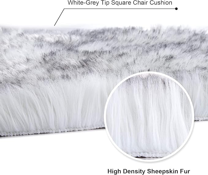 Softlife White Faux Fur Sheepskin Chair Cover 2 PCs Seat Cushion Pad Super Soft Area Rugs for Living Bedroom Sofa Dorm (1.6ft x 1.6ft, White-Grey Tip)