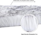 Softlife White Faux Fur Sheepskin Chair Cover 2 PCs Seat Cushion Pad Super Soft Area Rugs for Living Bedroom Sofa Dorm (1.6ft x 1.6ft, White-Grey Tip)