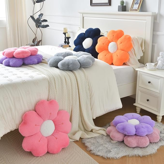 Flower Pillow, Flower Shaped Pillow Decorative Throw Pillows for Bed Couch, Cute Daisy Pillow Dorm Decor Floor Seating Cushion (Dark Purple, 15 Inches)