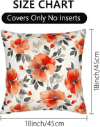Burnt Orange Watercolor Floral Throw Pillow Covers 18x18 Set of 2, Spring Black Beige Flowers Decorative Pillowcases, Double-Sided Print Cushion Covers for Couch Sofa Bedroom Living Room Spring Decor