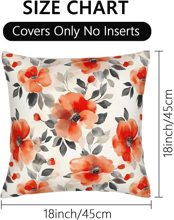 Burnt Orange Watercolor Floral Throw Pillow Covers 18x18 Set of 2, Spring Black Beige Flowers Decorative Pillowcases, Double-Sided Print Cushion Covers for Couch Sofa Bedroom Living Room Spring Decor
