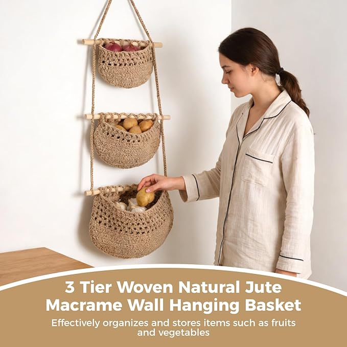 3 Tier Woven Natural Jute Macrame Wall Hanging Basket, Handmade Boho Bohemian Rustic Charm Decorative Style for Fruits, Vegetables, Plants, Kitchen & Home Decoration