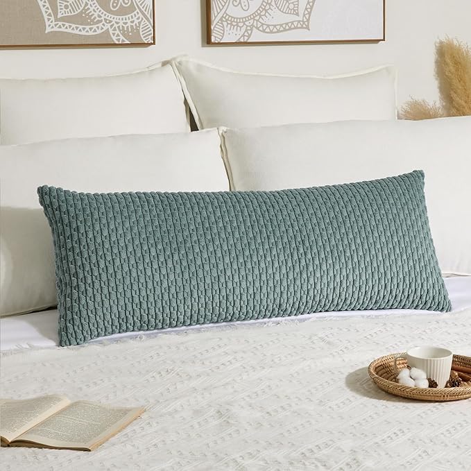 Kevin Textile 20x54 Inch Long Body Lumbar 1 Pack Boho Decorative Throw Pillow Cover Soft Striped Corduroy Rectangle Cushion Case Farmhouse Accent for Living Room Couch Sofa Bed, Teal Green