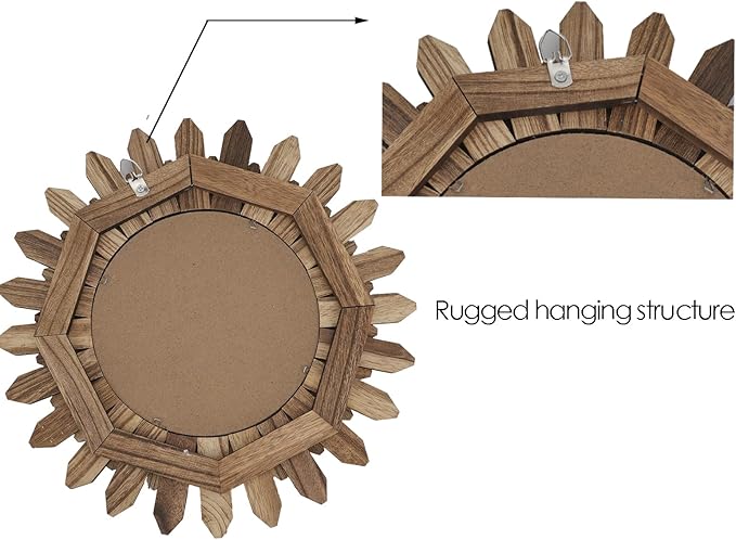 CEYAZYE Wooden Wall Mirror Decorative, Rustic Wood Mirror Decor 12in/30cm Sunburst Boho Hanging Mirrors for Bedroom Living Room Bathroom Entryway Farmhouse Home Gift with Nice Sticker Decals