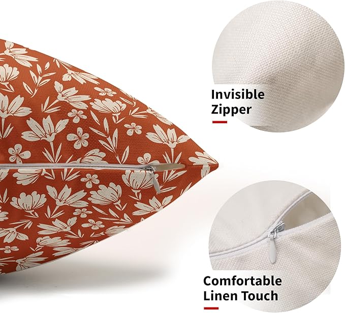 Burnt Orange Pillow Covers 12x20 Set of 2 Vintage Floral Rustic Old Style Cute Flower Print Rectangle Decorative Outdoor Pillowcases Seasonal Farmhouse Throw Cushion Case Couch Sofa Bed Decor