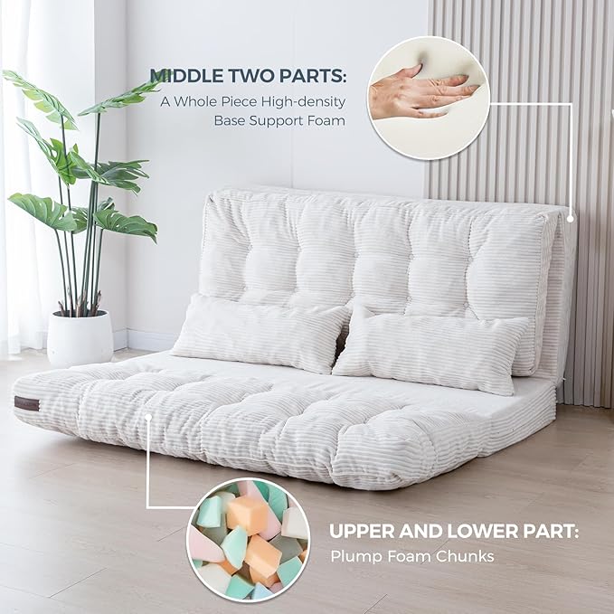 MAXYOYO Folding Sofa Bed, Tufted Bean Bag Bed with Pillows Floor Mattress for Adults, Extra Thick and Long Floor Sofa, Full Floor Couch Bed for Bedroom Living Room, Beige, 54x91 Inch