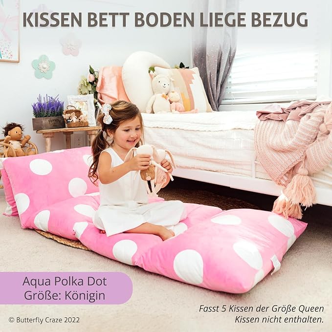 Butterfly Craze Floor Pillow Case, Mattress Bed Lounger Cover, Polka Pink, Queen Size - Cozy Seating Solution for Kids & Adults, Recliner Cushion, Perfect for Reading, TV Time (Pillow Not Included)
