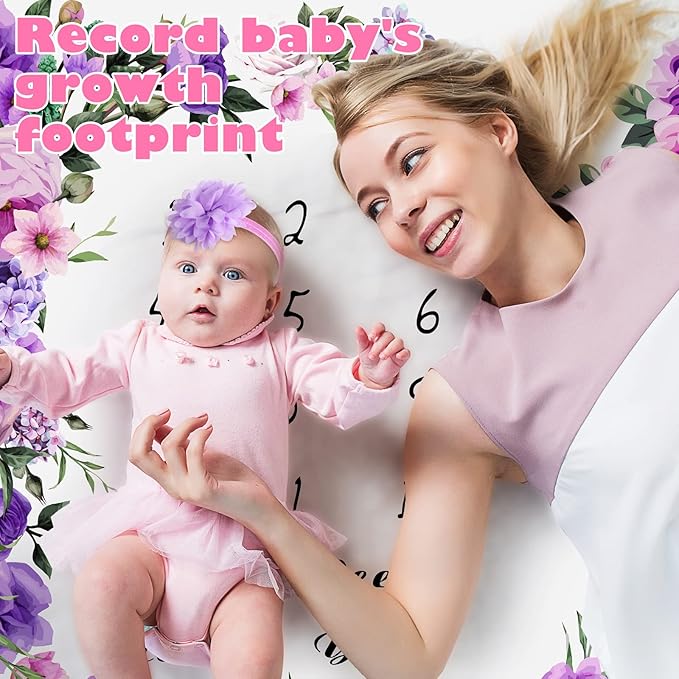 Chumia 6 Pcs Baby Monthly Milestone Blanket for Girl 60" x 40" Butterfly Milestone Blanket Age Photo Photography Backdrop with Newborn Calendar Growth Chart Bib Headband(Purple,Floral Pattern)