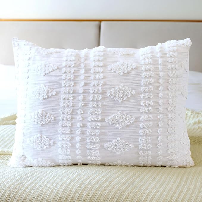 YINFUNG Tufted Pillow Sham King White Set of 2 Boho Pillowcases Shabby Chic Decorative Textured Poms Diamonds Moroccan Embroidery Farmhouse Bright White 20x36