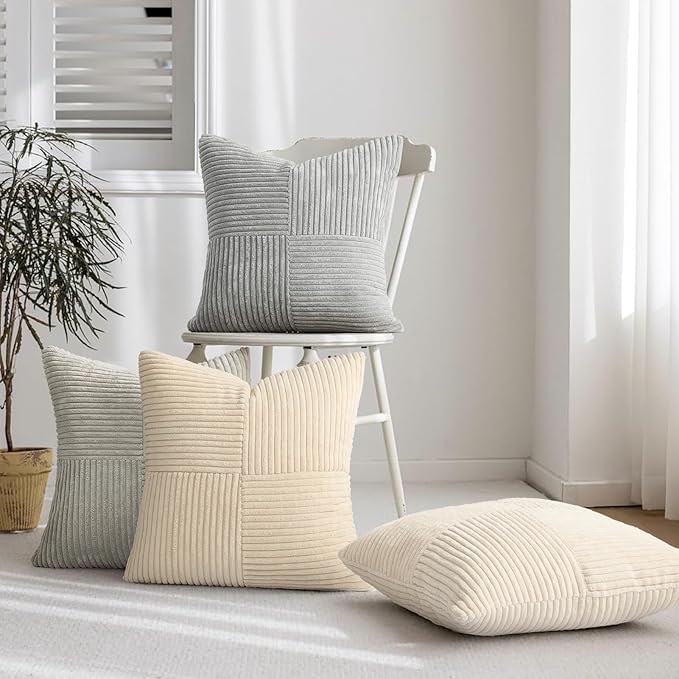 Topfinel Decorative Neutral Throw Pillow Covers for Couch,Boho Cozy Soft Cushion Covers Set of 4 with Corduroy,Accent Pillowcases for Sofa,Bed,Living Room Home Decor 20×20 Inch (Cream,White)