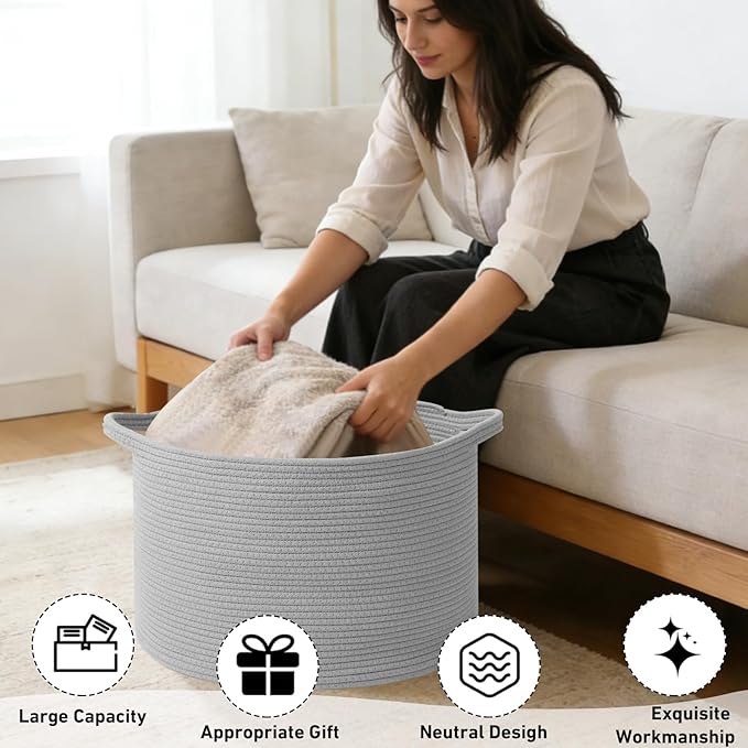 65L Large Blanket Basket,19.7" L x 19.7" W x 13" H Rope Woven Baskets with Handles, Toys Storage Bins,Laundry Basket Perfect for Living Room, Nursery,Bedroom,Home Organization,Light Gry