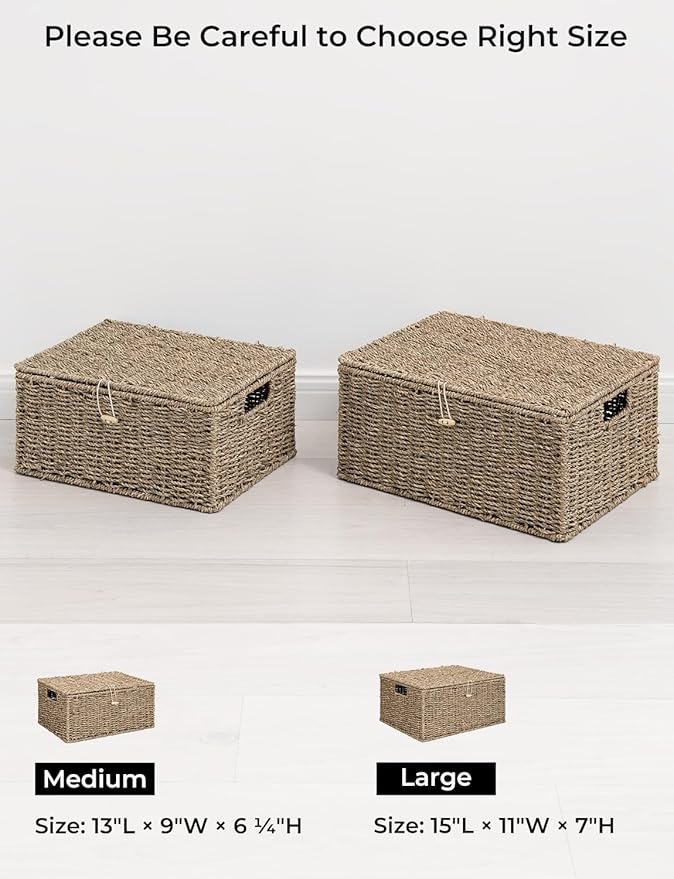 StorageWorks Seagrass Wicker Baskets for Organizing, Large Wicker Basket with Lid, Decorative Basket with Built-in Handles, Storage Baskets for Shelves, 1 Pack