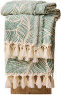 DOWN HOME Chenille Cotton Throw Blanket for Couch, Lightweight Boho Blanket for Bed Sofa Chair Living Room Outdoor Soft Woven Decorative Blanket with Tassel Gift Green Leaves 55"x60"
