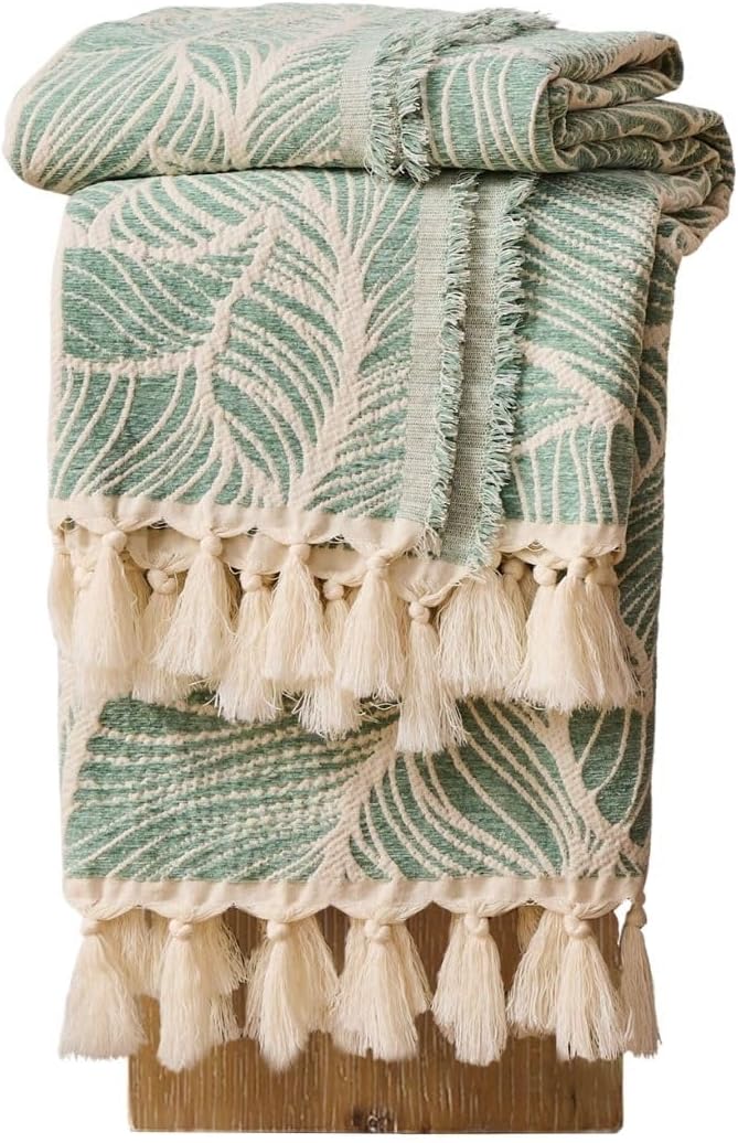 DOWN HOME Chenille Cotton Throw Blanket for Couch, Lightweight Boho Blanket for Bed Sofa Chair Living Room Outdoor Soft Woven Decorative Blanket with Tassel Gift Green Leaves 60"x80"