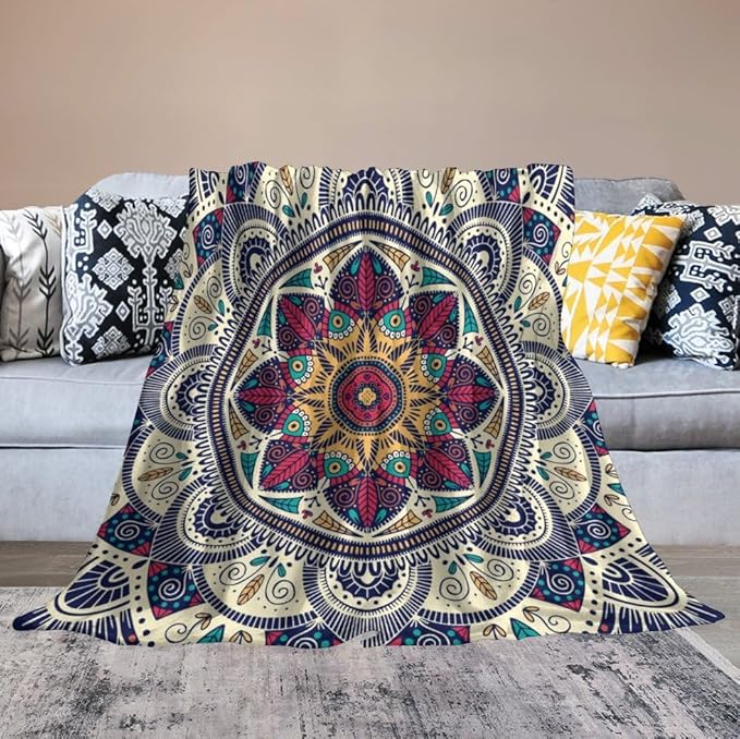 Abstract Mandala Throw Blanket Indian Hippie Bohemian Art Floral Texture Pattern Blanket for Sofa Bed Couch Chair Or Dorm 70"x80"